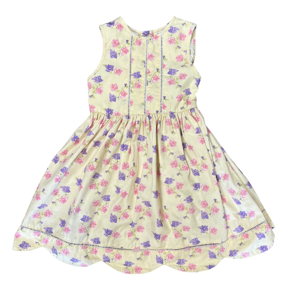Laura Ashley Girls Yellow Floral Cotton Dress Scalloped Hem Lace Trim Size 3T